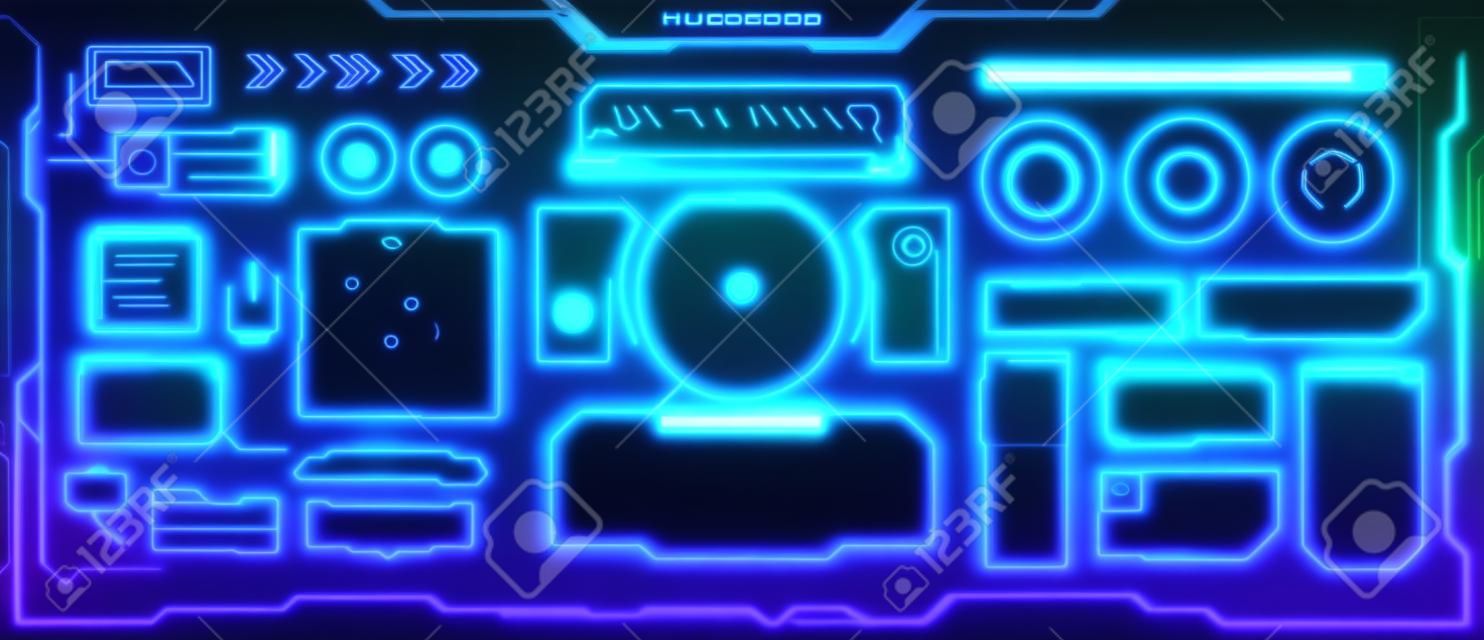 Futuristic hud elements. Cyberpunk space digital panels, frames, callout titles, progress bars. Sci-fi game interface element vector set. Virtual screen with digital panel for games
