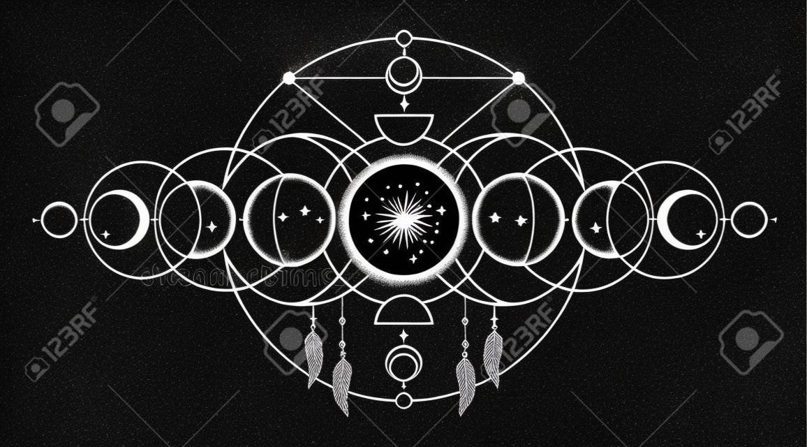 Fasi lunari magiche, fase lunare sacra mistica. Disegno del tatuaggio astrologico occulto con elementi geometrici esoterici illustrazione vettoriale. L'attività al chiaro di luna fa il segno del tatuaggio disegnato a mano