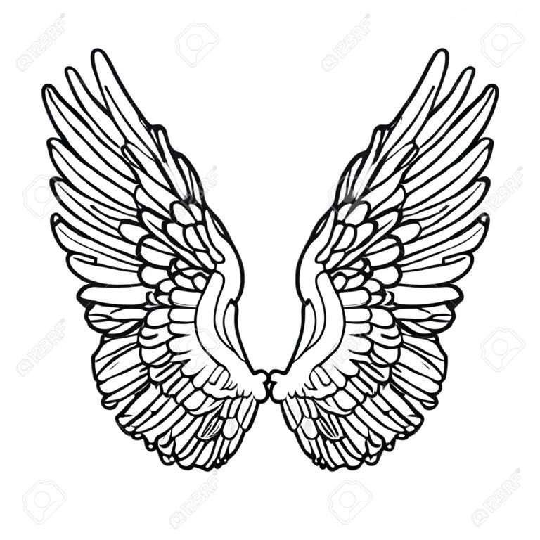 Line art illustration of angel wings. Hand drawn vector card. Sketch for dotwork tattoo, hipster t-shirt design, vintage style posters. Coloring book for kids and adults.
