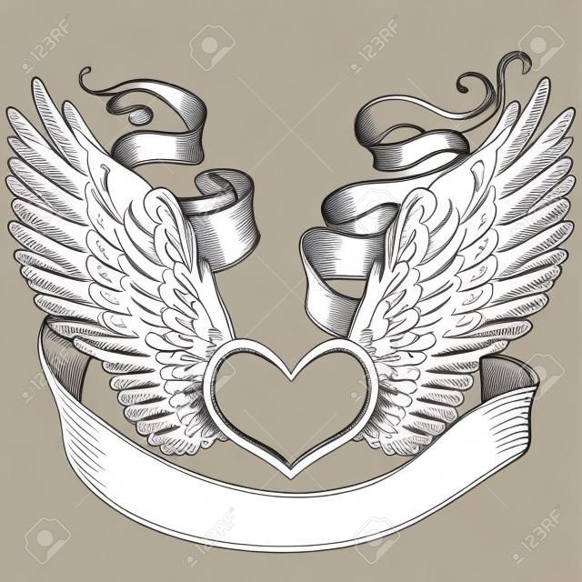 Line art illustration of angel wings, heart, tape. Vintage print for St. Valentine's Day. Sketch for tattoo, hipster t-shirt design, vintage style posters.