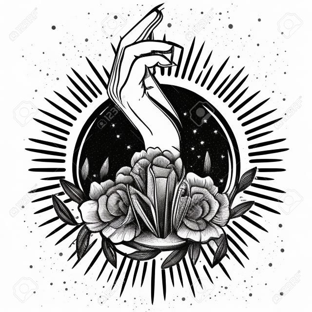 La sorcellerie. Main de sorcière, cristal magique et pivoines fleurs. illustration d'impression de tatouage linéaire.