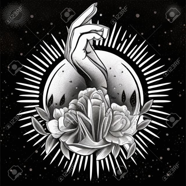 La sorcellerie. Main de sorcière, cristal magique et pivoines fleurs. illustration d'impression de tatouage linéaire.