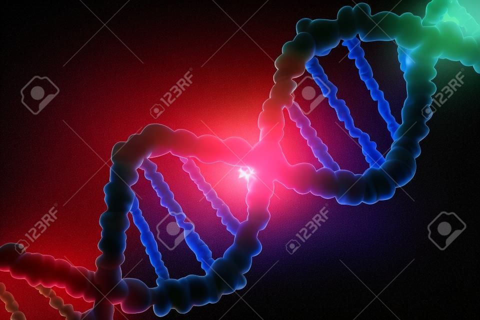 Silhueta de molécula de DNA contra luz brilhante. Ilustração 3D renderizada.