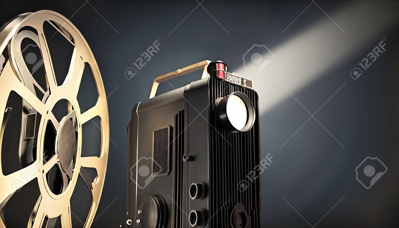 Retro film projector op donkere achtergrond. 3D weergegeven illustratie.