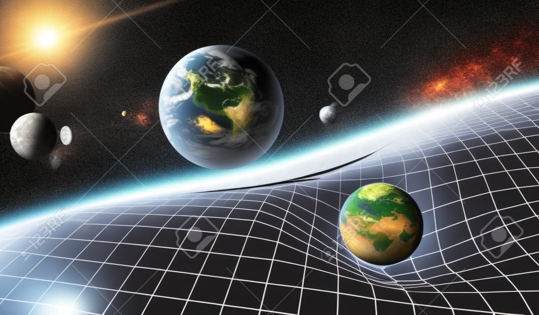 Gravity and general theory of relativity concept. Earth and Sun on distorted spacetime. 3D rendered illustration.