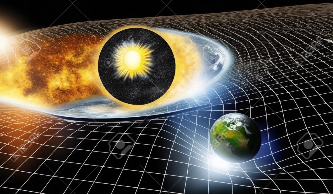 Gravità e teoria generale del concetto di relatività. Terra e sole nello spaziotempo distorto. 3D rendering illustrazione.