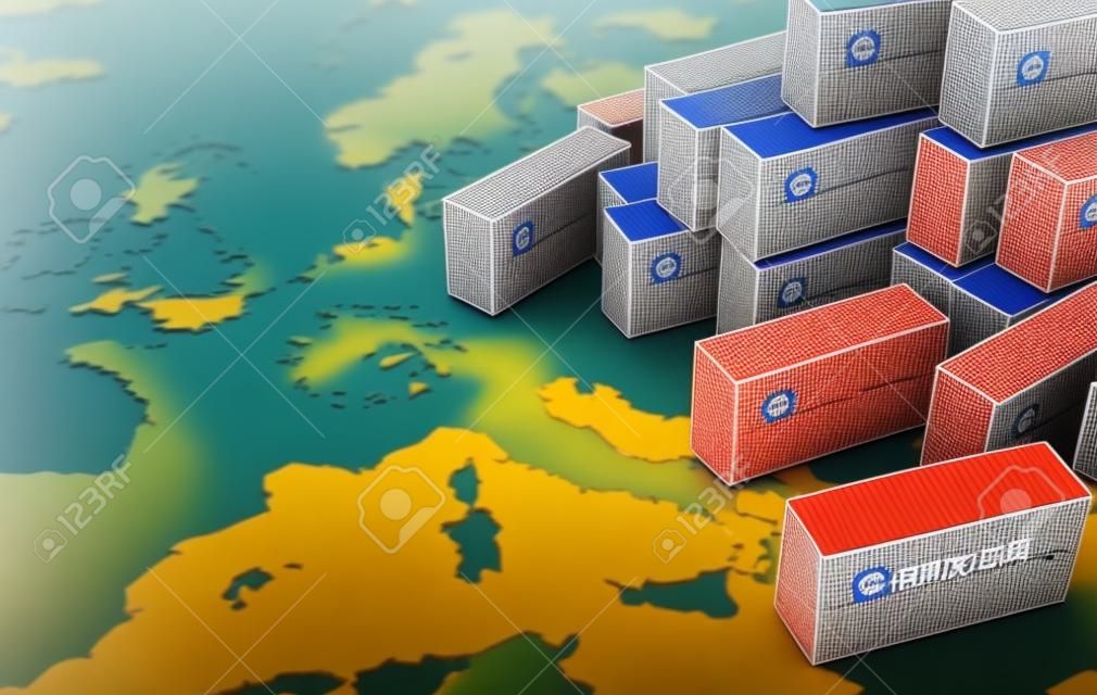 Chinese cargo containers on map of Europe. Import of chenese goods concept. 3D rendered illustration.