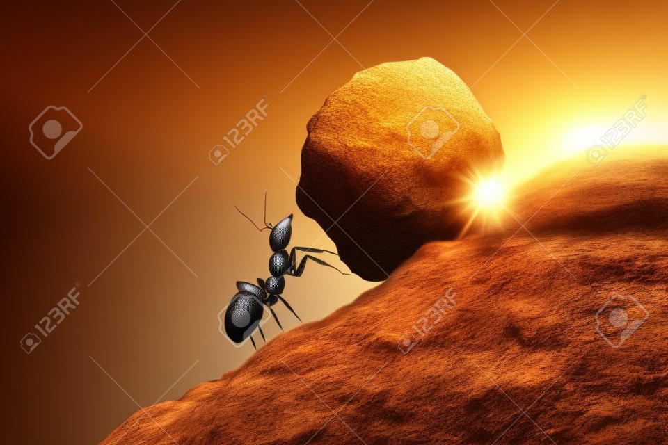 Mrówka robotnica pcha ciężki głaz na wzgórze. ilustracja renderowana 3D.