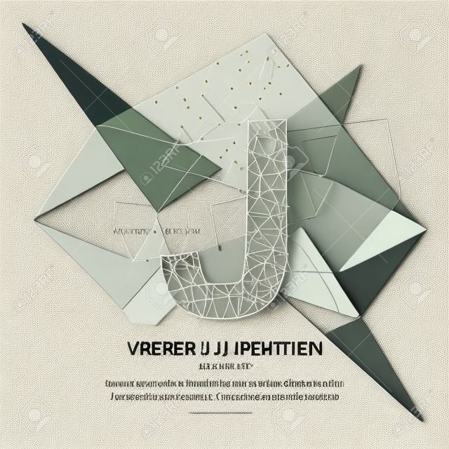 Letter J form mesh line and composition digitally drawn in the form of broken a part triangle shape and scattered dots low poly wire frame.