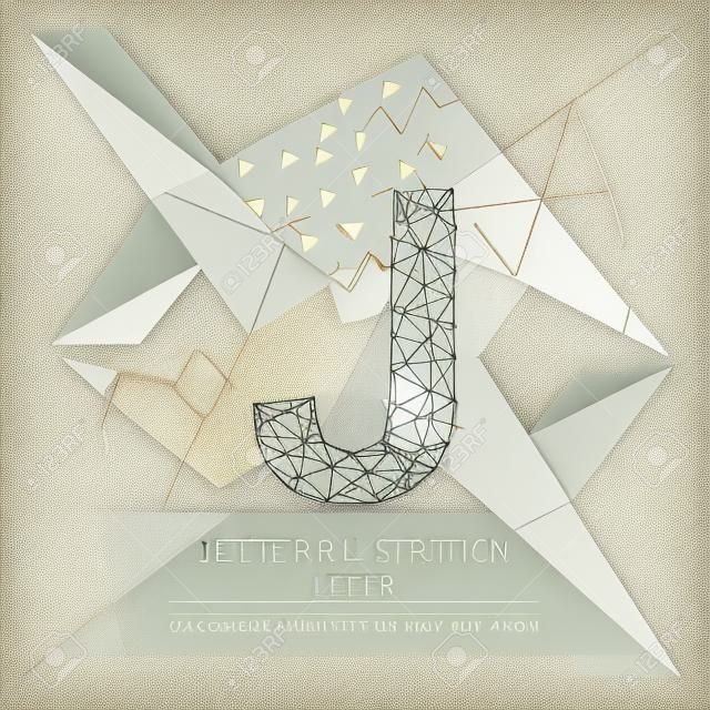 Letter J form mesh line and composition digitally drawn in the form of broken a part triangle shape and scattered dots low poly wire frame.