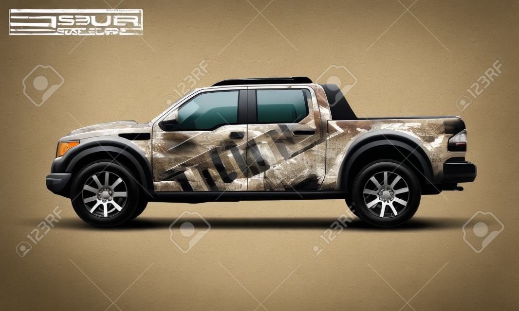 Bearbeitbare Vorlage für Wrap-SUV mit Hunter-Hintergrundaufkleber. Hochauflösende Vektorgrafiken