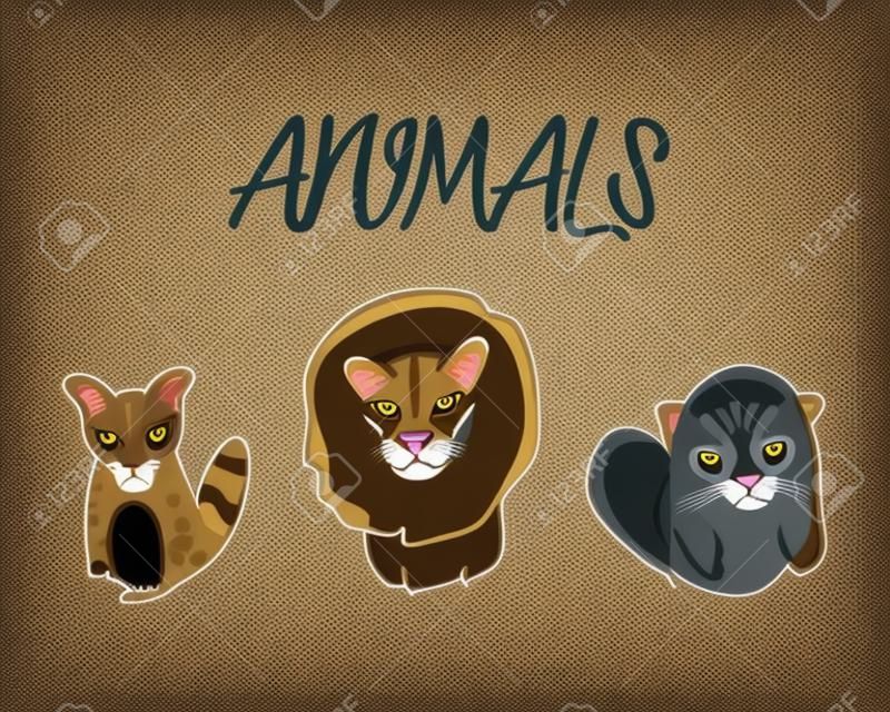 Genet gato león y castor dibujos animados diseño, animales y zoológico tema ilustración vectorial