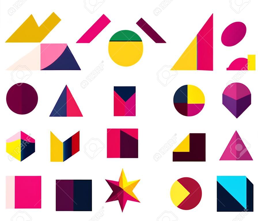 geometric and abstract 3d shapes flat style icon set design, and figure theme illustration