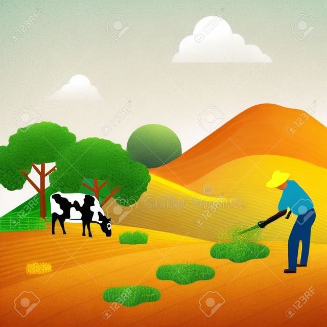Bauer pflanzt und Kuhdesign, Agronomie-Lifestyle-Landwirtschaftsernte und landwirtschaftliches Thema Vektorillustration