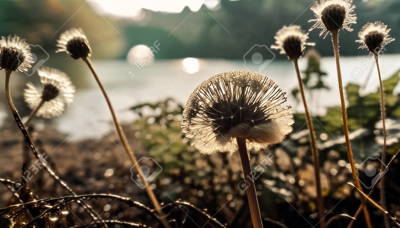 Yellow dandelion seed in soft autumn landscape generated by artificial intelligence