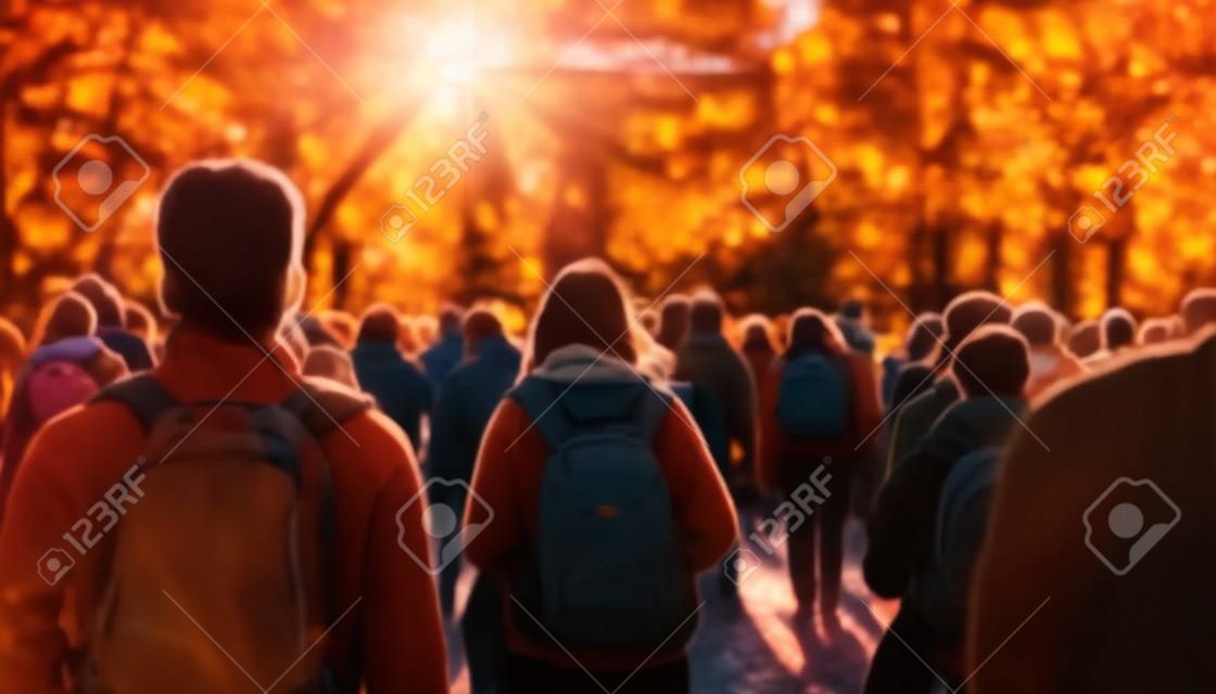 Large group walking outdoors in autumn, back lit by sunset generated by artificial intelligence