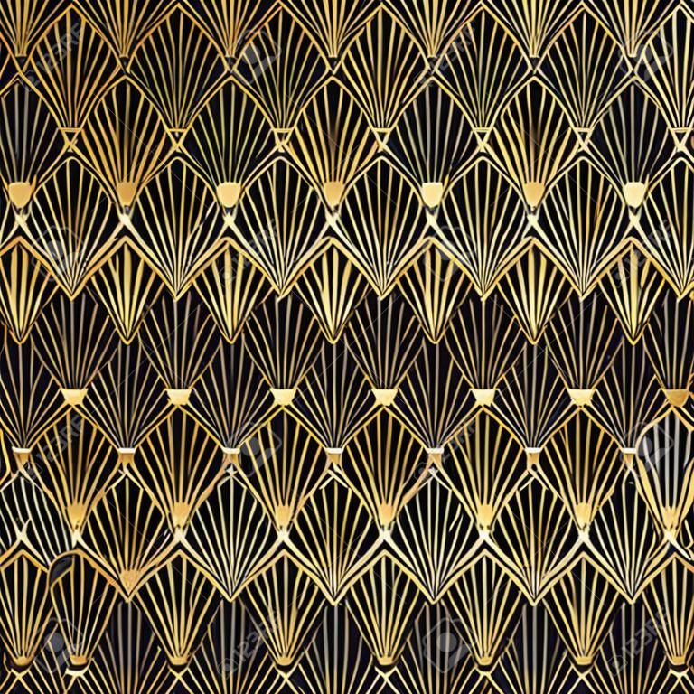 Fondo de patrón de abanico negro y dorado Art Deco sin costuras