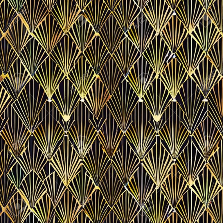 Seamless Art Deco black and gold fan pattern background