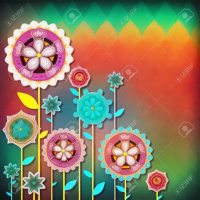 illustration of colorful retro flower on seamless backdrop