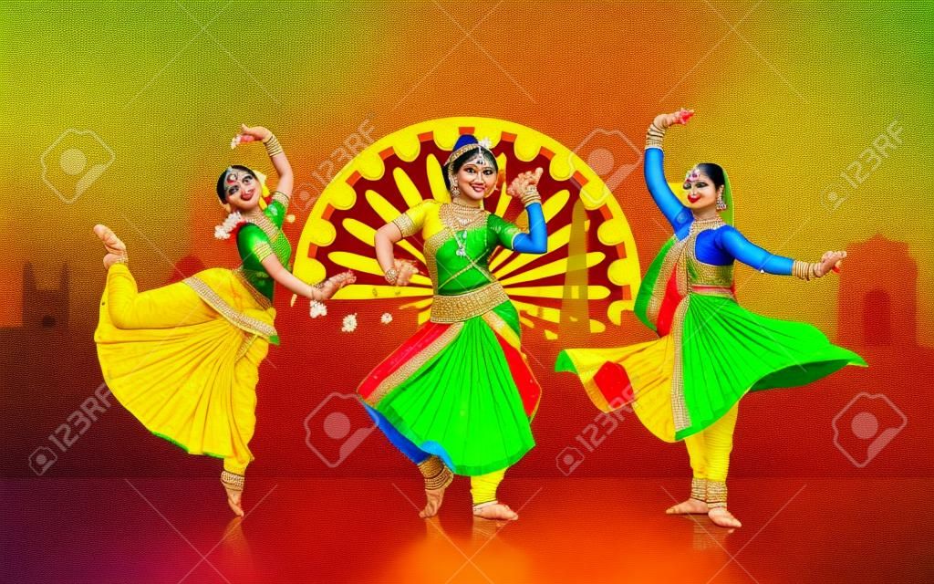 Иллюстрация индийской классической танцовщицей выступать в костюме триколор