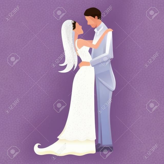 illustratie van pas getrouwd stel in trouwjurk