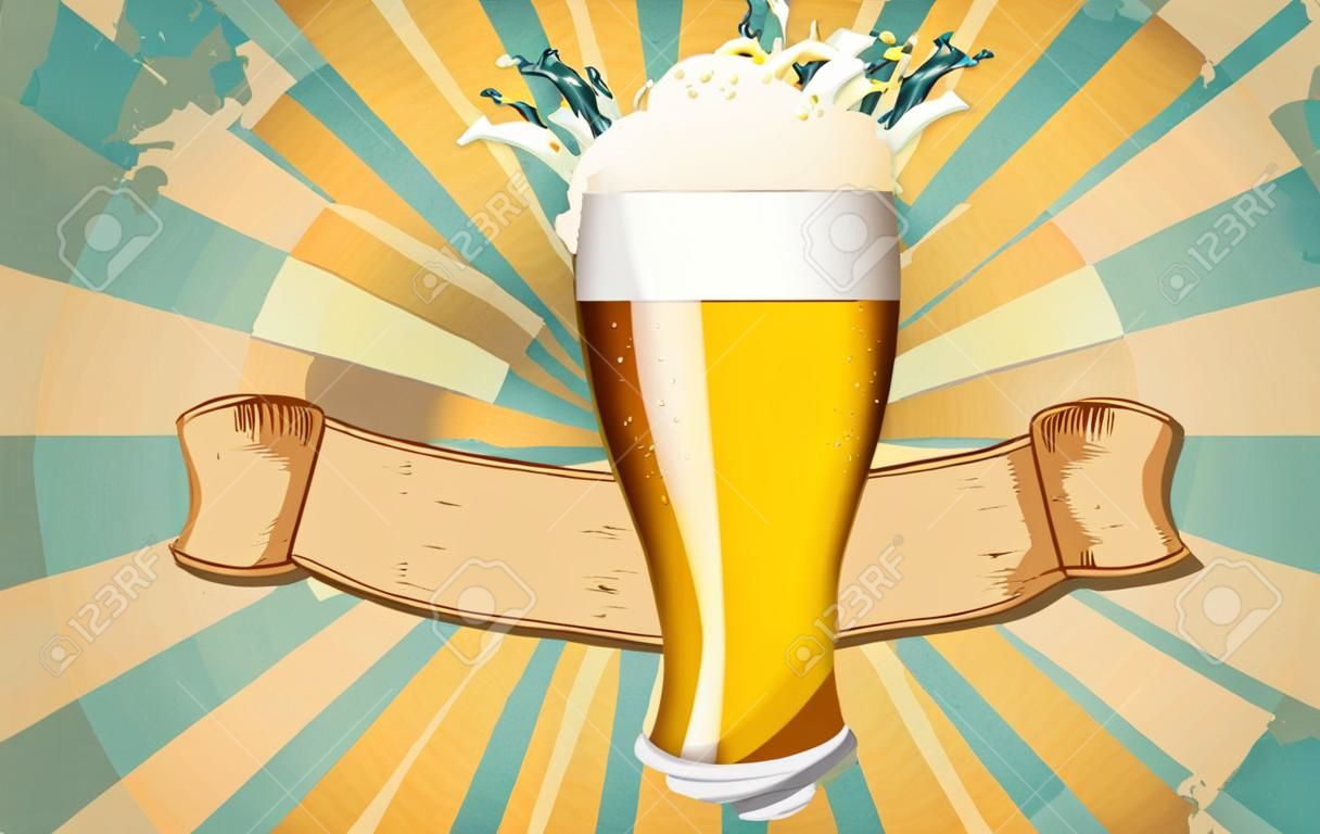 illustrazione di bicchiere di birra con nastro su sfondo vittoriano
