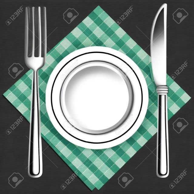 圖叉子和勺子與板保持在餐巾紙上孤立的白色背景