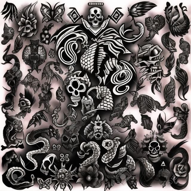 Diseño del arte del tatuaje del cráneo, del caballo, de la colección de la flora del anf del dragón