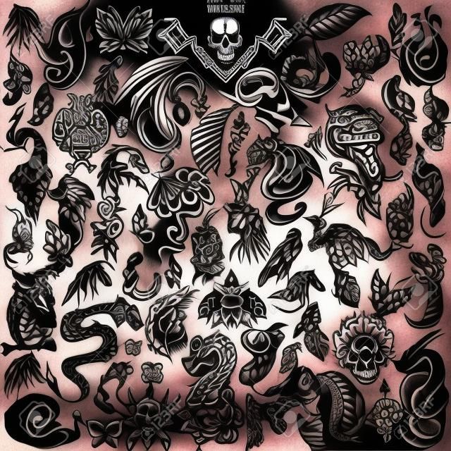 骷髅，马，龙和植物群的纹身艺术设计