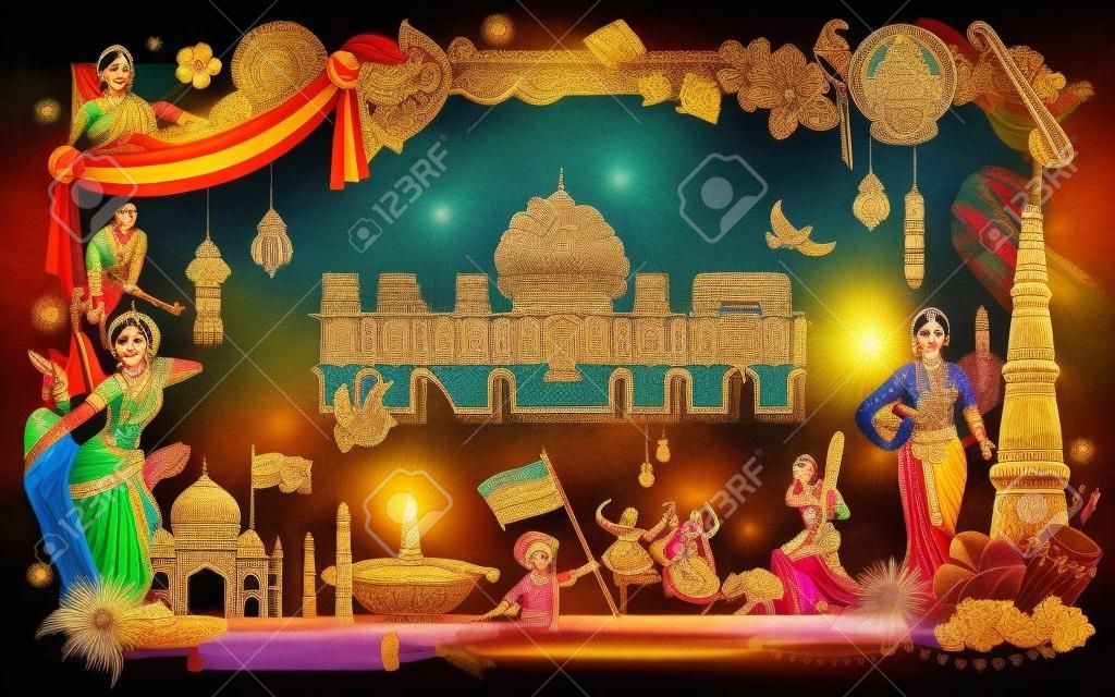 Индия фон, показывая свою невероятную культуру и разнообразие с памятником, фестиваль танца
