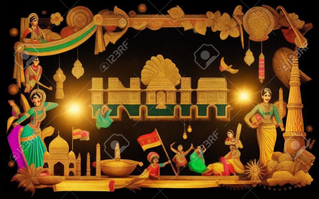 Индия фон, показывая свою невероятную культуру и разнообразие с памятником, фестиваль танца