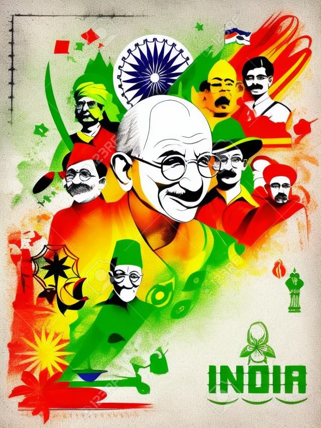 Иллюстрация истории Триколора в Индии с героем нации и бойцом свободы, таким как Махатма Ганди, Бхагат Сингх, Субхаш Чандра Босе в День независимости