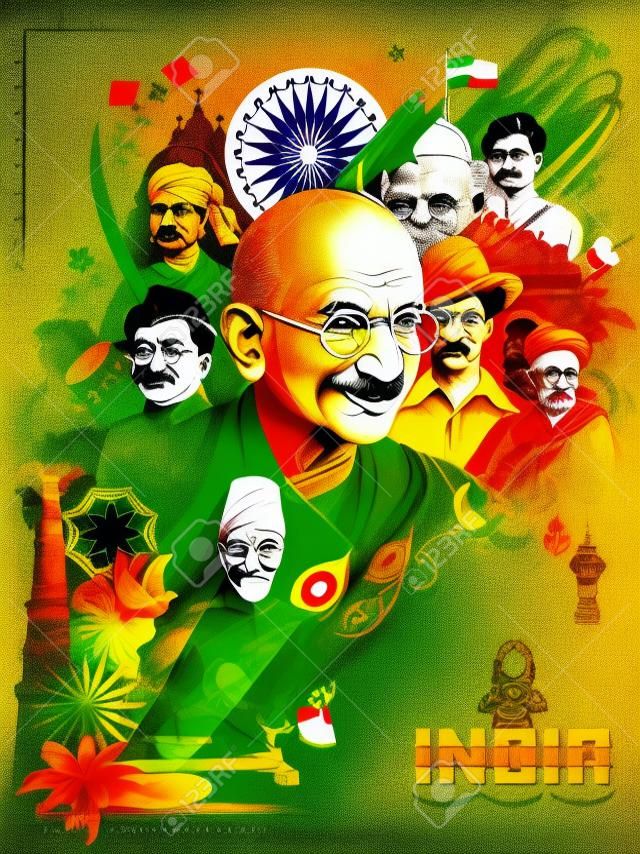 三色印度背景与民族英雄和自由战士，如圣雄甘地，巴哈特·辛格，苏巴什·钱德拉·玻色的独立日插图