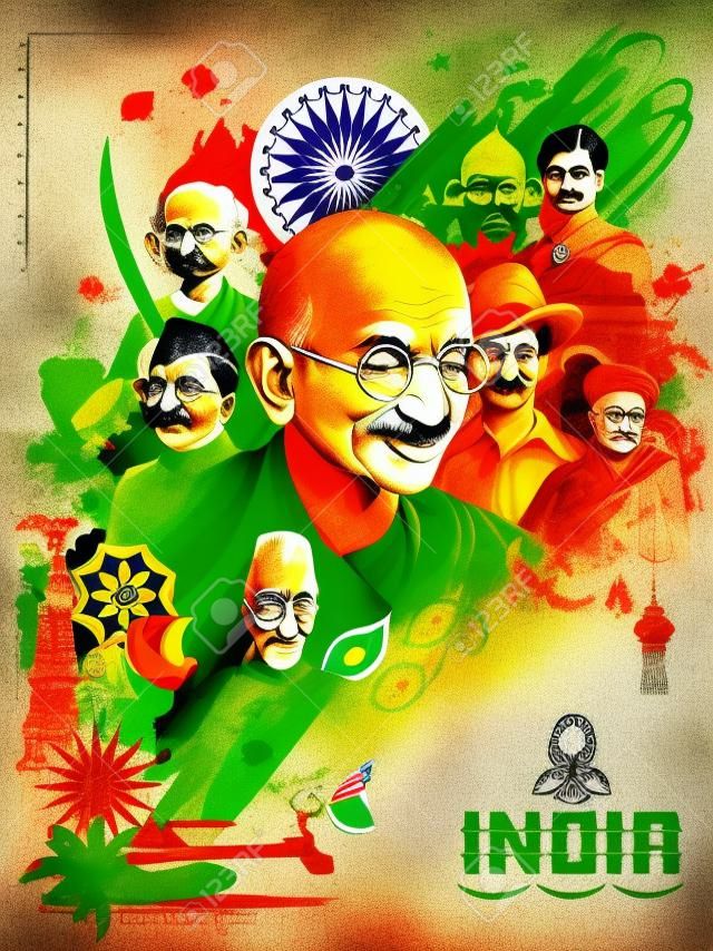 Ilustração do fundo Tricolor ndia com Herói da Nação e Combatente da Liberdade como Mahatma Gandhi, Bhagat Singh, Subhash Chandra Bose para o Dia da Independência