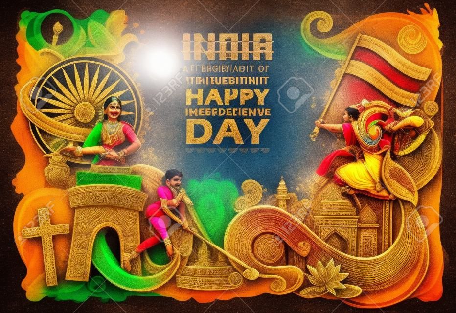 Fondo indio que muestra su increíble cultura y diversidad con el monumento, la danza y la celebración del festival para el Día de la Independencia de 15 de agosto de la India