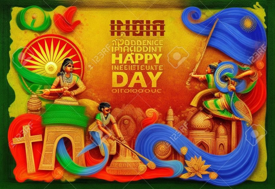Sfondo indiano che mostra la sua incredibile cultura e la diversità con il monumento, la danza e la celebrazione del festival per il 15 agosto Independence Day of India