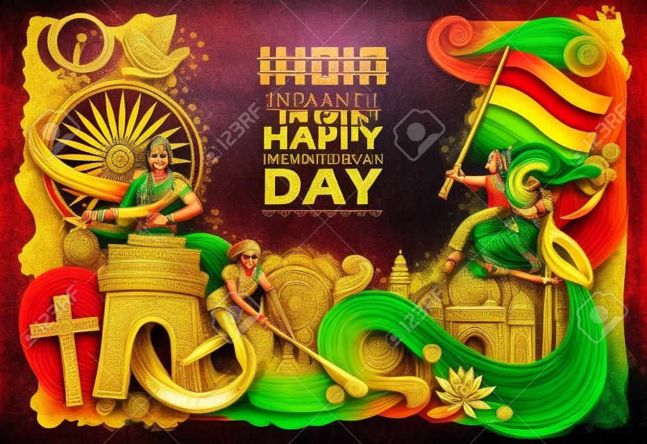 Sfondo indiano che mostra la sua incredibile cultura e la diversità con il monumento, la danza e la celebrazione del festival per il 15 agosto Independence Day of India