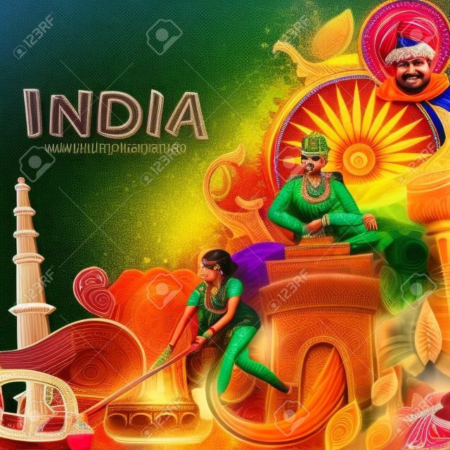 Indischer Hintergrund zeigt seine unglaubliche Kultur und Vielfalt mit Monument-, Tanz- und Festivalfeier für den 15. August Independence Day of India