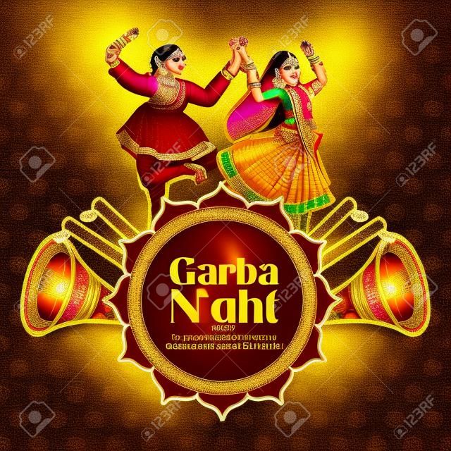 Couple jouant Dandiya en discothèque Affiche de la nuit Garba pour le festival Navratri Dussehra de l'Inde