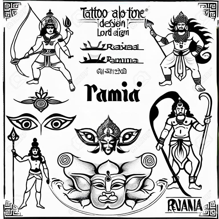 Conception de tatouage de la collection Lord Rama, Ravana et Hanuman.