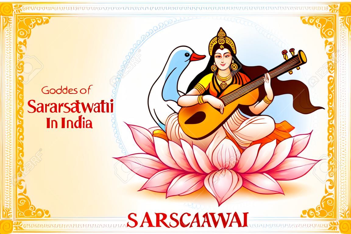 Godin van Wijsheid Saraswati voor Vasant Panchami India festival achtergrond