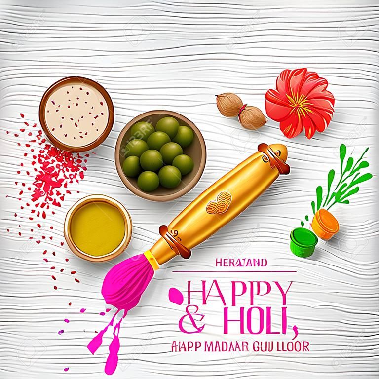 Polvo de color gulal y gujiya dulce con thandai para Happy Holi Background