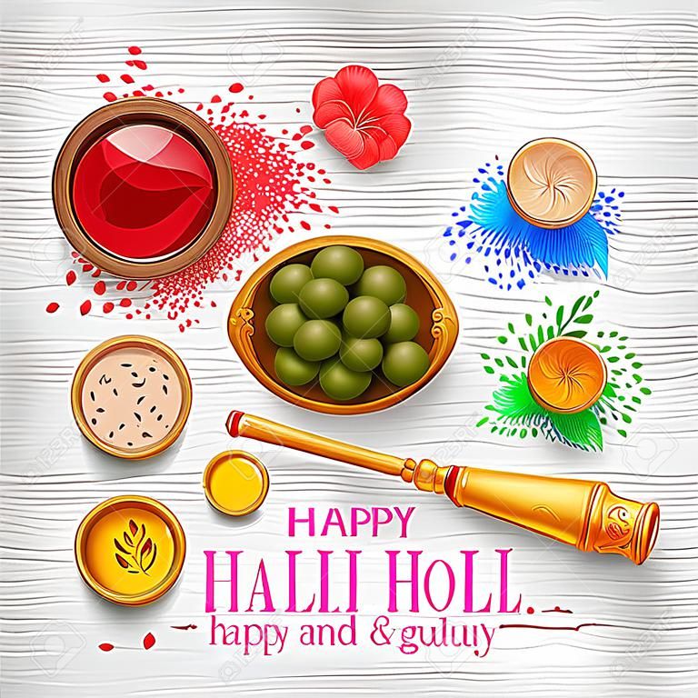 Pudrowy kolor gulal i słodki gujiya z thandai na Happy Holi Background