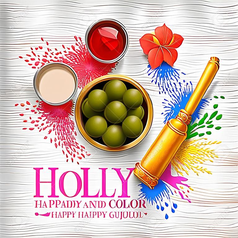 Poeder kleur gulal en gujiya zoet met tundai voor Happy Holi achtergrond