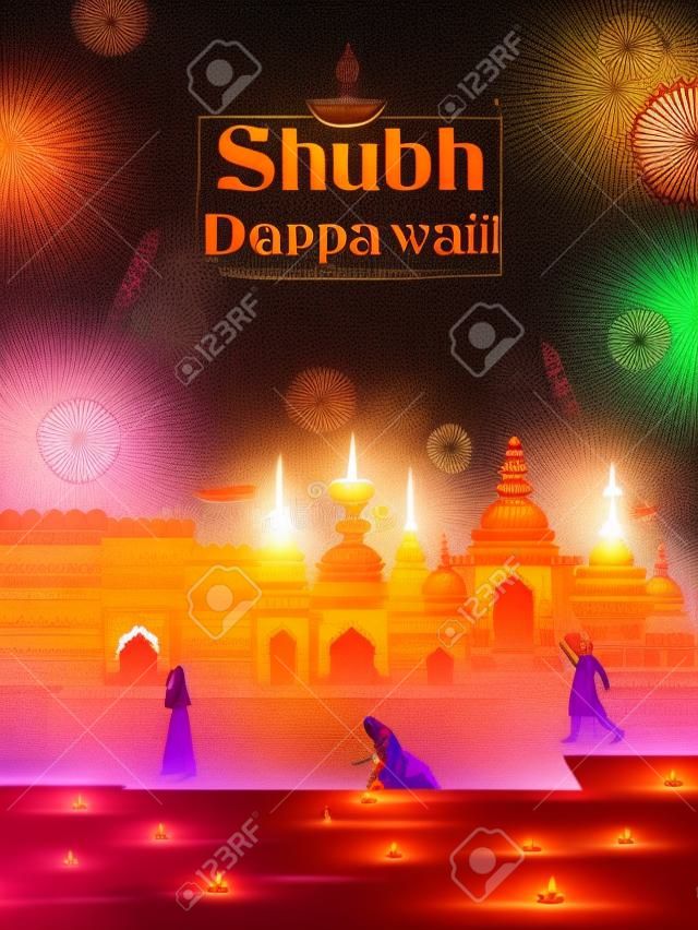 ilustración del pueblo indio celebrando el fondo de la fiesta hindú Happy Diwali para el festival de la luz de la India