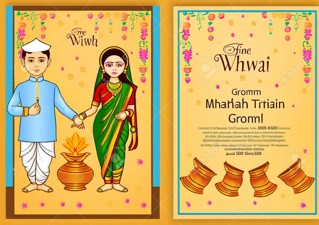 ilustração de casal Maharashtrian em fundo de modelo de convite de casamento indiano
