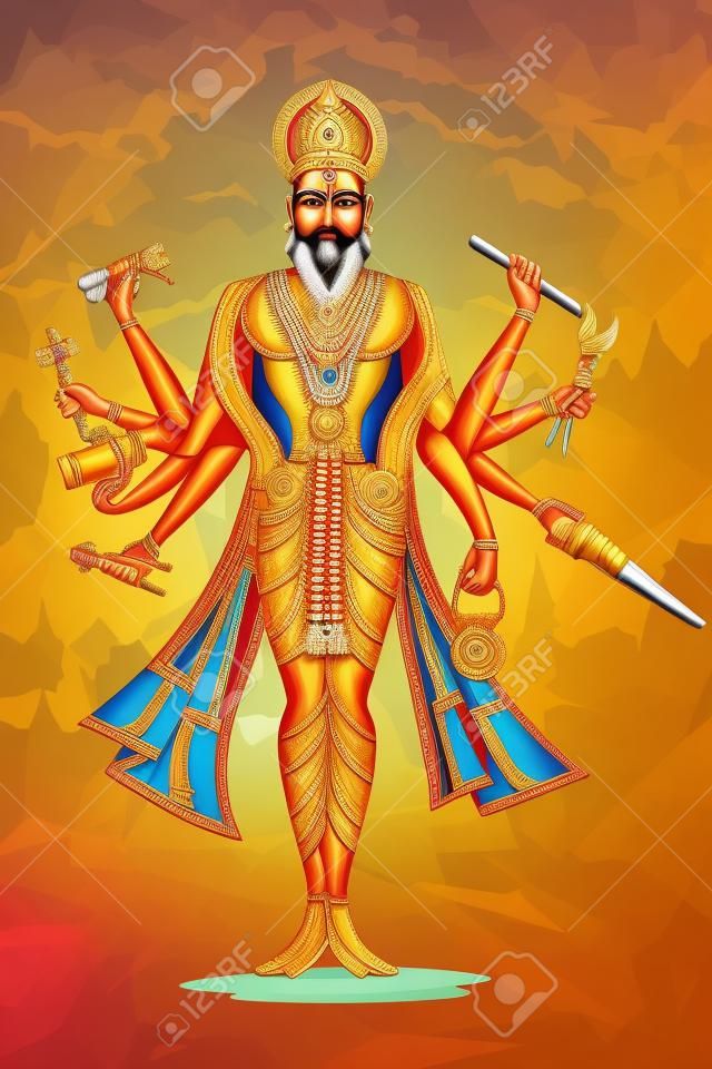 Indian God Vishwakarma with different tools. Vector illustration