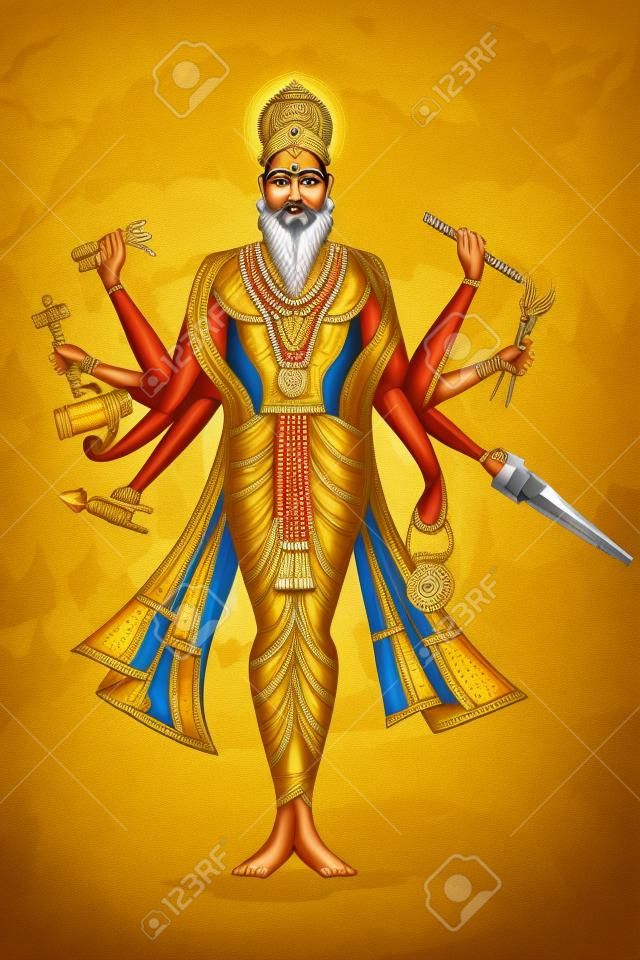 Indian God Vishwakarma with different tools. Vector illustration