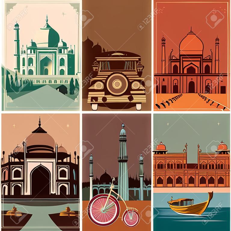 Vintage poster of famous landmark place with heritage monument in India . Vector illustration
