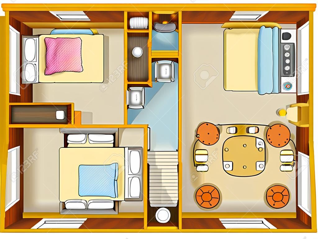 Top view of Floor plan interior design layout for house with furniture and fixture.